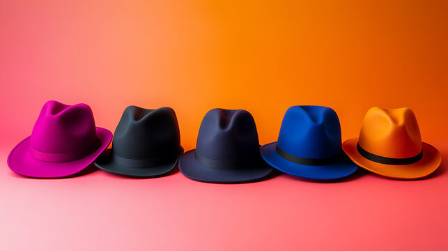 A clean commercial studio photo shoot on a solid color background, hat advertising, six thinking hat