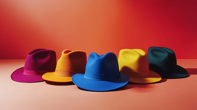 A clean commercial studio photo shoot on a solid color background, hat advertising, six thinking hat