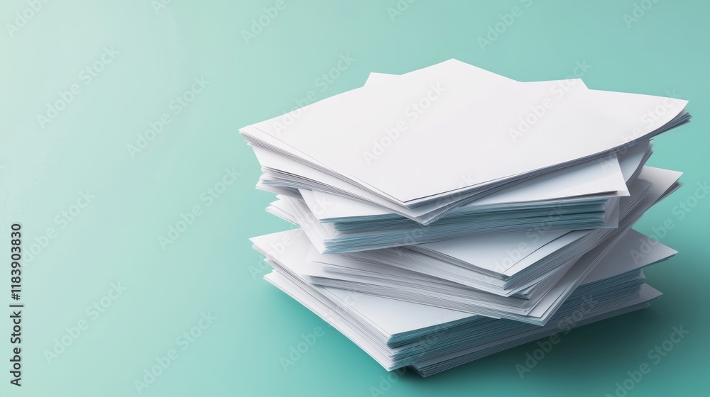 Poster borrowing and ownership concept. stack of blank papers on a soft green background.