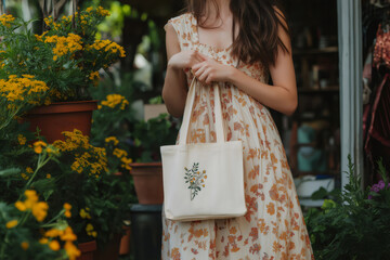Woman wearing sundress holding reusable canvas tote bag with floral embroidery standing in front of flower shop