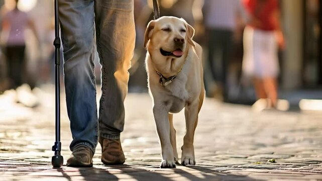 guide labrador dog and his blind male owner with cane walking on the city street