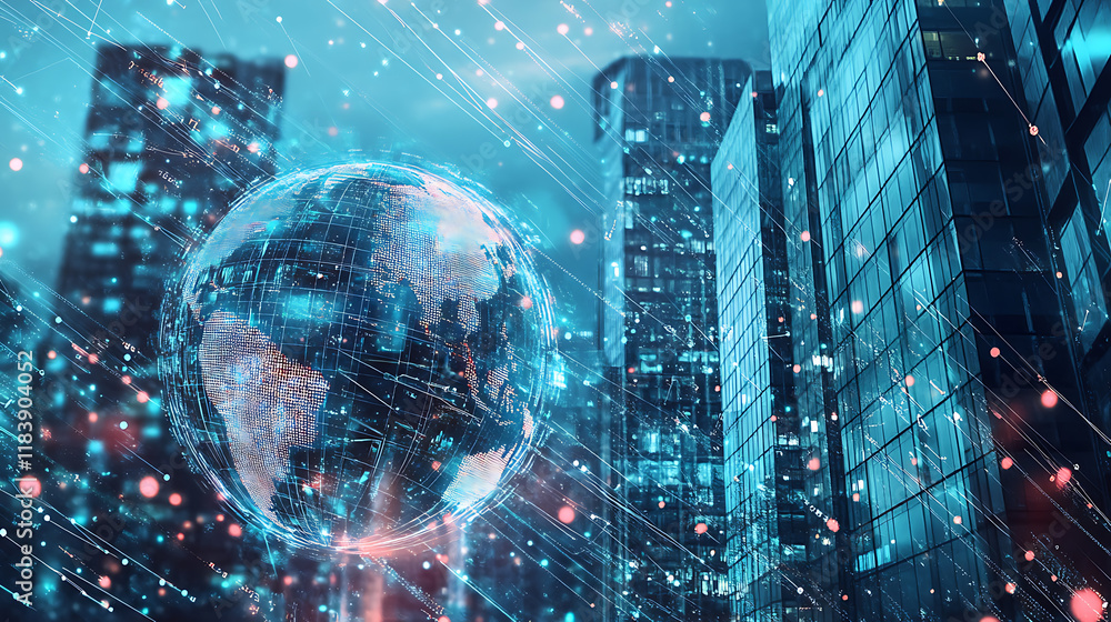 Poster A double exposure of the globe and glass building in an urban setting, symbolizing global business background filled with digital data visualizations representing advanced cyber security