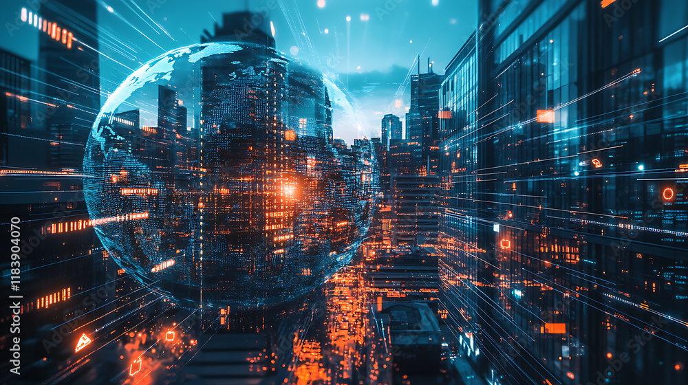 Poster A double exposure of the globe and glass building in an urban setting, symbolizing global business background filled with digital data visualizations representing advanced cyber security