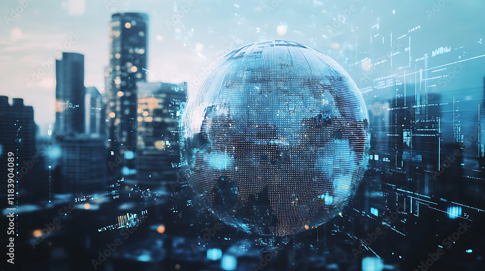 Poster A double exposure of the globe and glass building in an urban setting, symbolizing global business background filled with digital data visualizations representing advanced cyber security