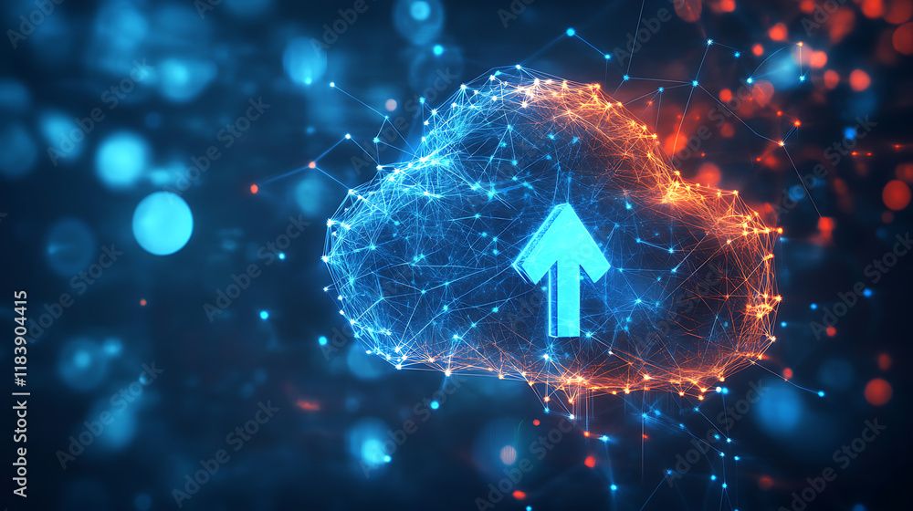 Poster A futuristic cloud with an arrow pointing up, symbolizing the upward trend of digital transformation in business technology and data use cases