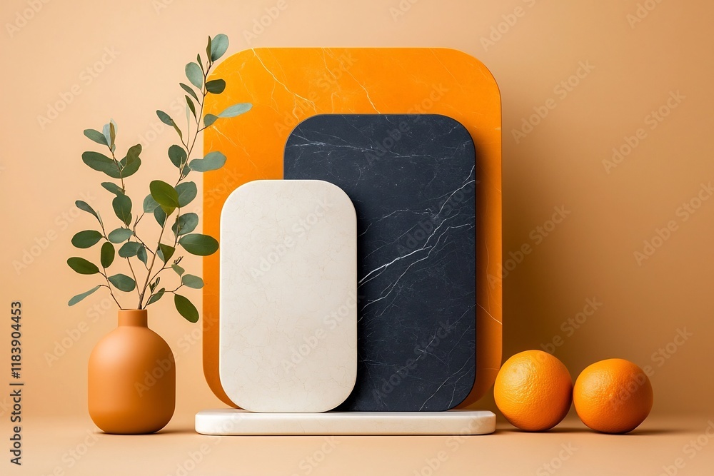 Poster refined and sophisticated minimalist tabletop composition with marble esque textures warm ochre deep