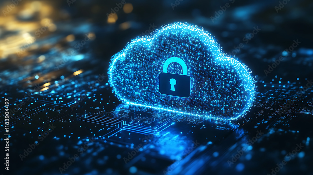Poster A glowing blue cloud with a padlock icon floating above it on a dark background, symbolizing security in the digital world of data