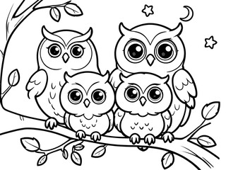 Fototapeta premium Adorable Owl Family on a Branch at Night