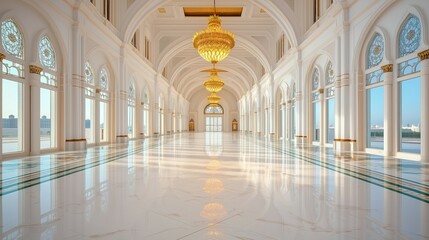 Fototapeta premium Elegant Palace Hallway with Intricate Columns, Golden Accents, and Reflective Floors