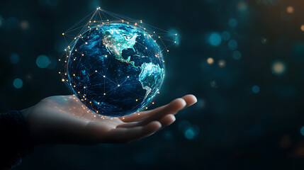 A hand holding an image of the earth and dots connected in a digital world