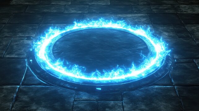 Energy spinning circle with blue glowing rays. Fantasy portal, magic twirled teleport on floor iod illustration. Effect energy ray teleport futuristic illustration