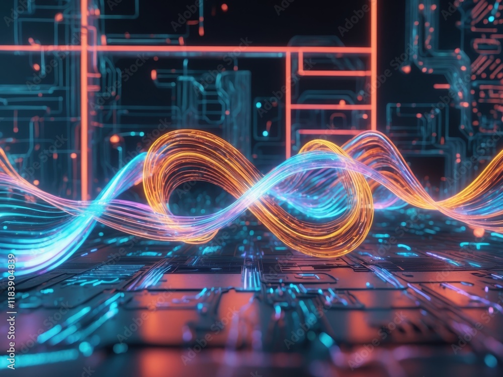 Poster quantum computing waves illustrated with vibrant colors showcasing data flow through a digital circu