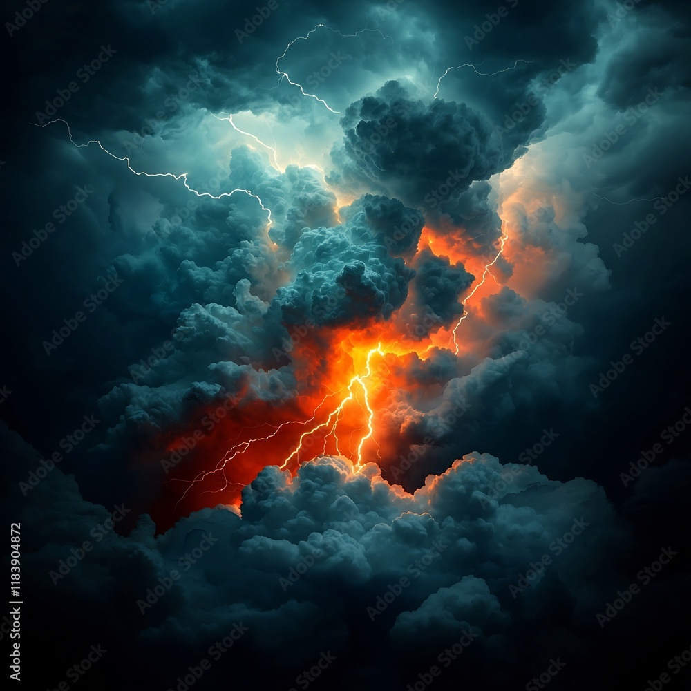 Poster dramatic electric storm jagged forks of lightning piercing brooding thunderhead clouds with radiant 
