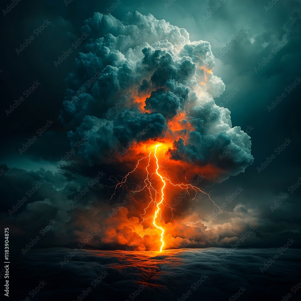 Poster dramatic and ominous thunderstorm scene with jagged forks of lightning piercing through brooding tur