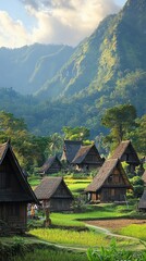 Fototapeta premium Serene Mountain Village: Traditional Houses in Lush Green Valley