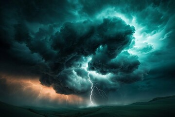 Fototapeta premium Intense Ominous Thunderstorm with Dramatic Jagged Bolts of Lightning Piercing Brooding Moody Storm Clouds in a Gothic Romantic Era Atmosphere