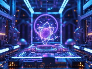 Innovative quantum computing setup with vibrant visualizations of atomic structures and circuits in a high-tech environment