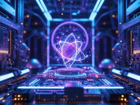 Innovative quantum computing setup with vibrant visualizations of atomic structures and circuits in a high-tech environment - Powered by Adobe
