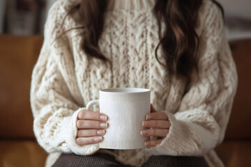 Woman relaxing on a comfortable sofa, wearing a cozy sweater and holding a warm beverage in a beautifully designed custom mug