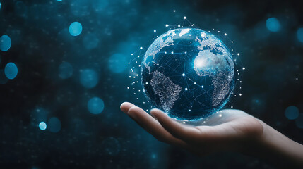 A hand holding an image of the earth and dots connected in a digital world