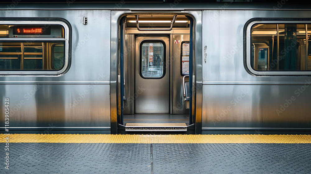 Poster a silver subway train door is open, with the platform visible in front of it