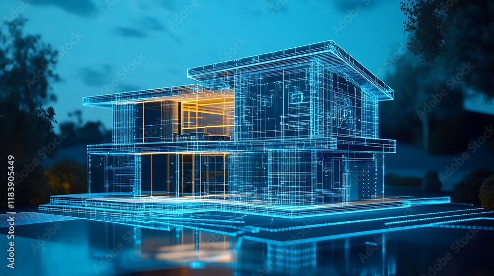 Poster A smart home designed in the blueprint style with modular design, dimensional multilayering, cyan color scheme, light black and blue hues, and line and dot work