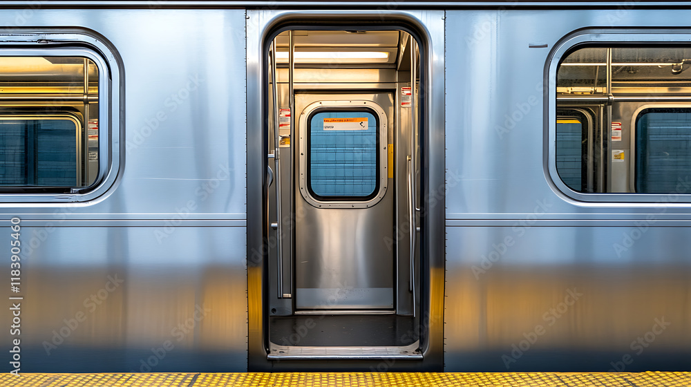 Poster a silver subway train door is open, with the platform visible in front of it