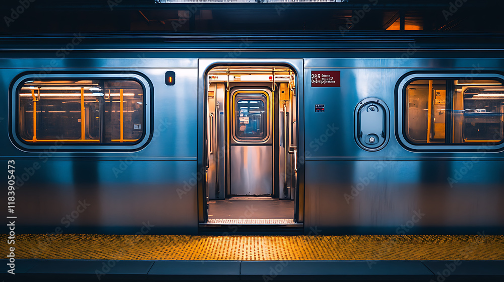 Poster a silver subway train door is open, with the platform visible in front of it