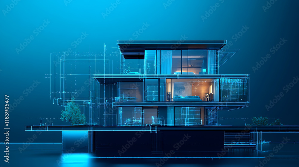 Poster A smart home designed in the blueprint style with modular design, dimensional multilayering, cyan color scheme, light black and blue hues, and line and dot work