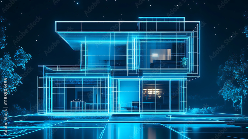 Leinwandbilder A smart home designed in the blueprint style with modular design, dimensional multilayering, cyan color scheme, light black and blue hues, and line and dot work