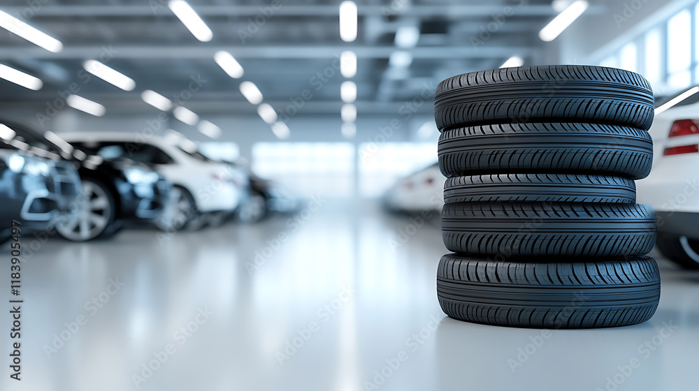 Aufkleber A stack of tires is displayed in the foreground with cars parked on both sides and an empty white floor in the background