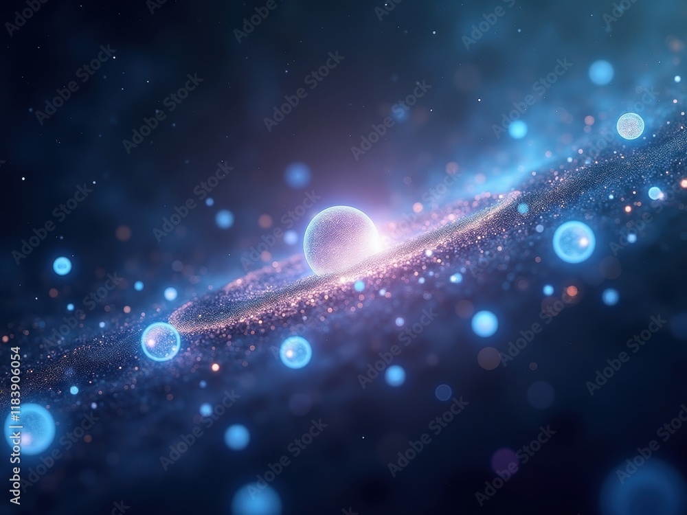 Poster exploring the intricate beauty of quantum computing through cosmic representations of particles and 
