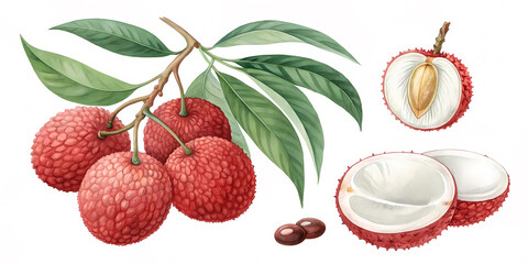 Watercolor lychee collection with leaves and seeds for art and design projects.