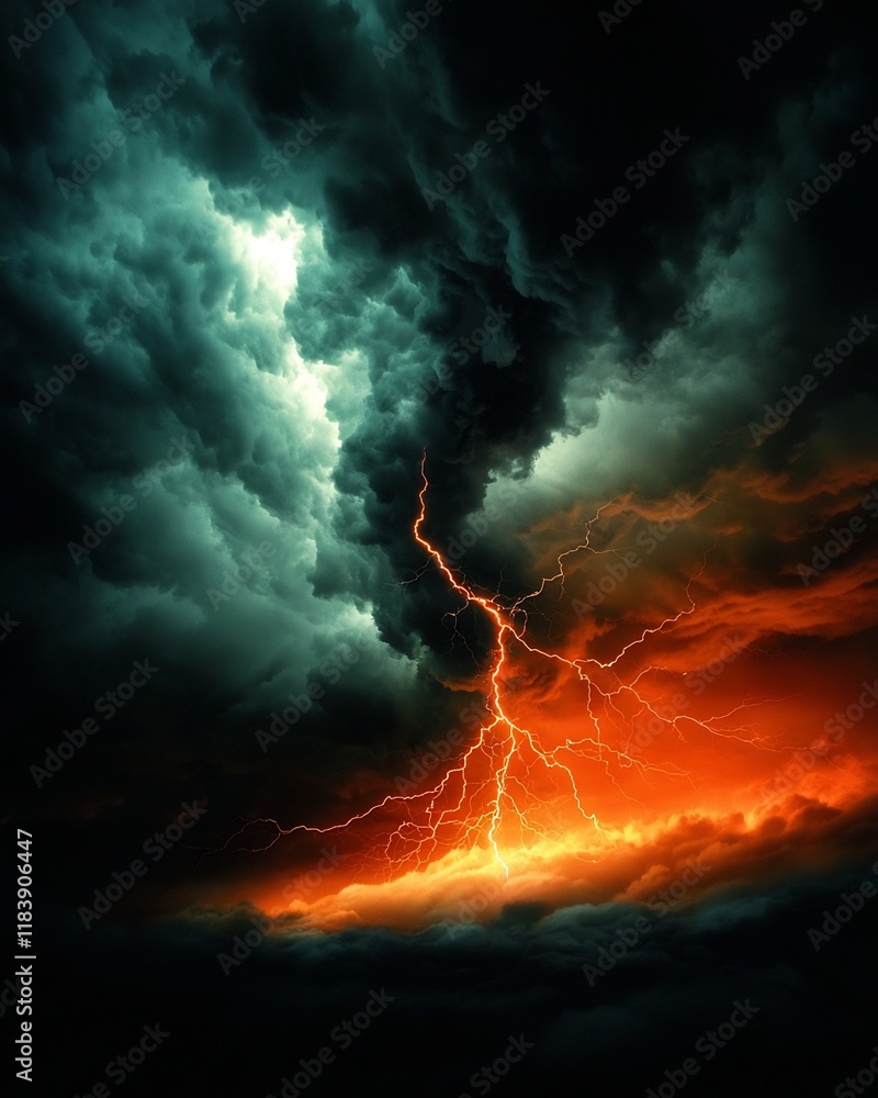 Poster intense electric storm with electrifying jagged lightning strikes illuminating a turbulent ink black