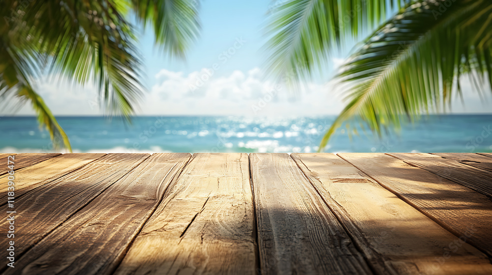 Poster a wooden table with an ocean view and palm trees in the background, depicting a summer vacation conc