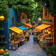 Obraz premium [Charming pedestrian street with colorful architecture and shops] Vibrant Street Scene with Blue Orange Green Architecture & Colorful Umbrellas for Cozy Pedestrian Shopping District