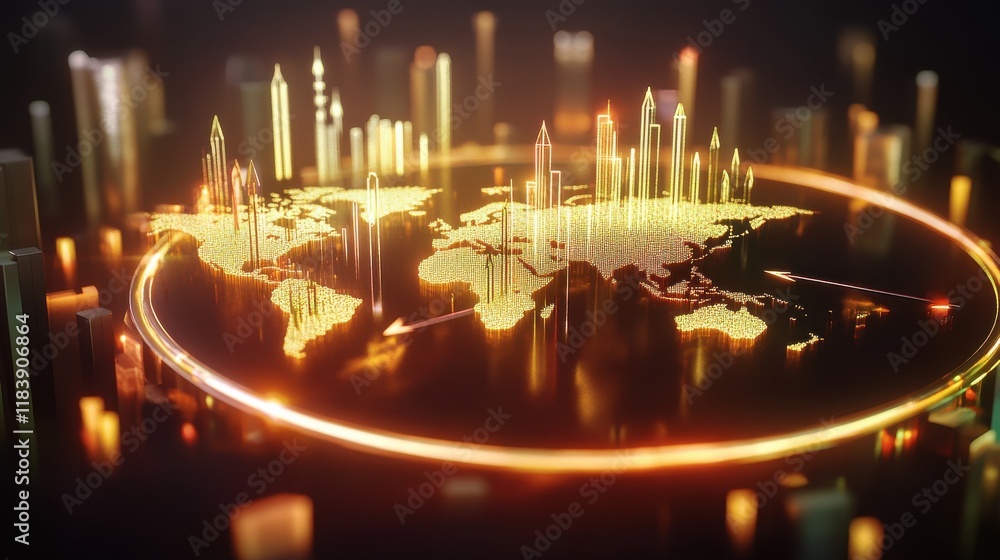 Aufkleber digital world map with candlestick chart and arrows hologram. business and trade concept. 3d renderi