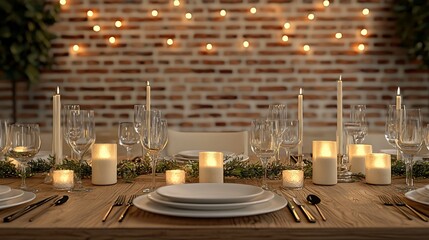 Romantic dinner table setting with candles and fairy lights against a brick wall.