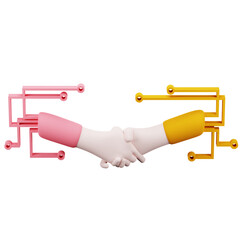 Two hands shaking with circuit board connection. Concept of collaboration, partnership, teamwork, connection, synergy, and technology.