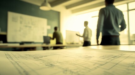 Blurred businesspeople in meeting, blueprints in focus.