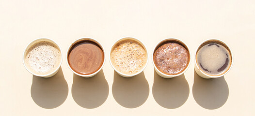 Five Different Types of Coffee in Disposable Cups, Top View
