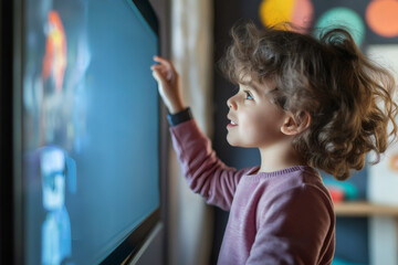 Curious preschooler engaging with interactive whiteboard, exploring numbers and equations in a stimulating learning environment