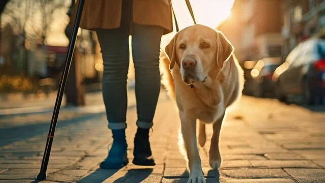 guide dog and his blind owner with cane on the city street
