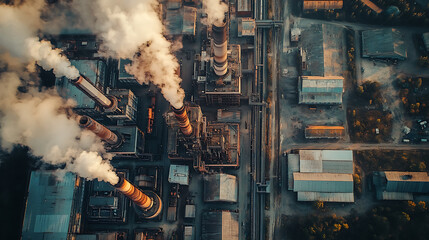 Aerial view of a vast industrial complex with smokestacks and warehouses, digitalization of production, industry 4, 0
