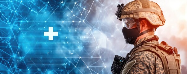 A soldier in tactical gear stands against a dual-tone background, symbolizing technology and medicine, with a plus sign representing healthcare.