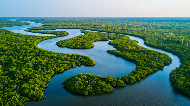 Aerial view of the congo river winding through mangrove swamps near the mouth of the river