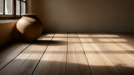 Rustic Wooden Floor with Clay Pot and Window Light in Minimal Interior Design