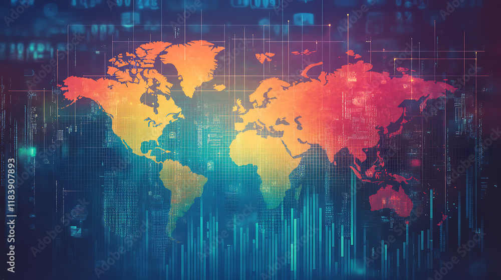 Poster An image featuring a colorful world map with a graph behind