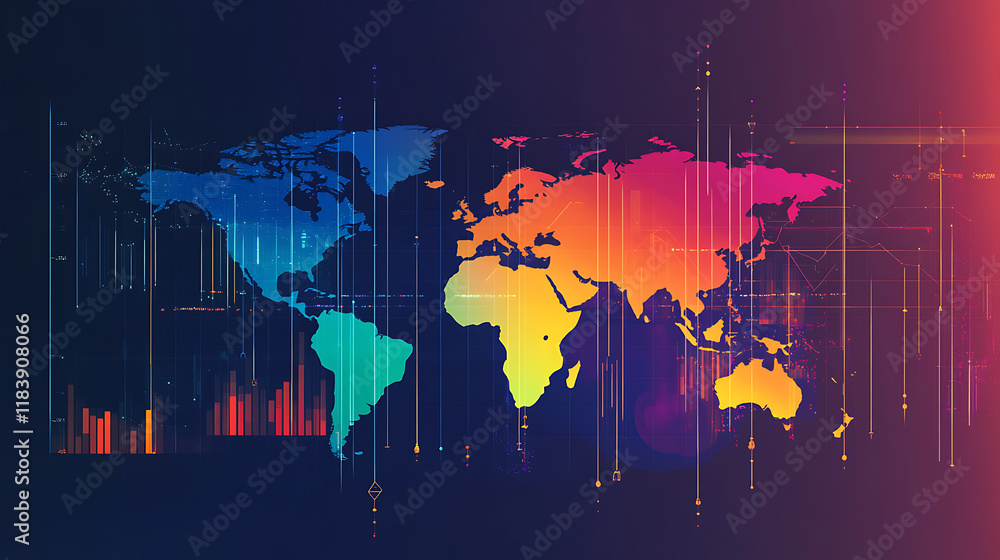 Poster an image featuring a colorful world map with a graph behind
