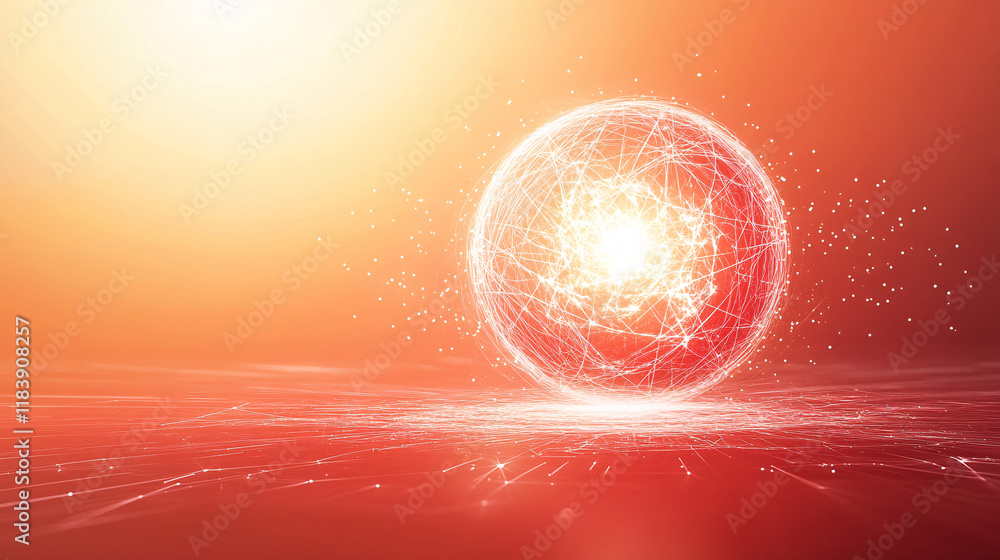 Poster a red ball with radiating light inside, surrounded by a dynamic, futuristic design on a black and re